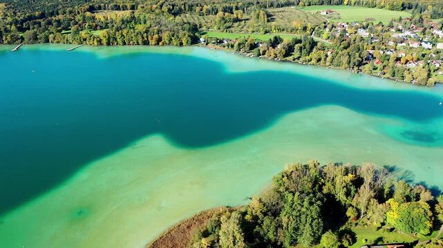 Aerial view, flight at W&ouml;rth lake with the W&ouml;rth island or Mausinsel, Stranberg district, Bachern, Bavaria, Germany