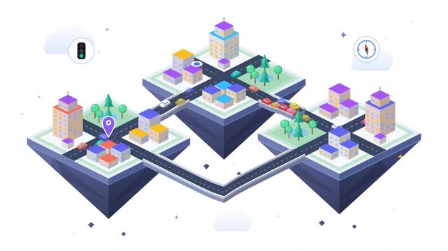 Isometric city map animation with connected floating islands