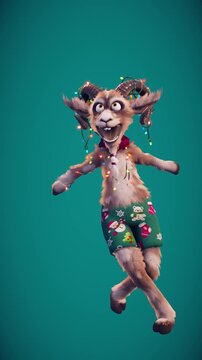 Funny Christmas goat dancing on green background, 3d render animation symbol of the new year
