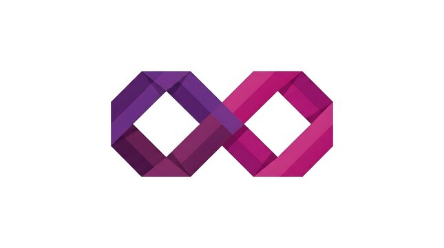 Abstract geometric infinity symbol created with overlapping purple and magenta ribbons conceptualizing eternity and an endless loop design