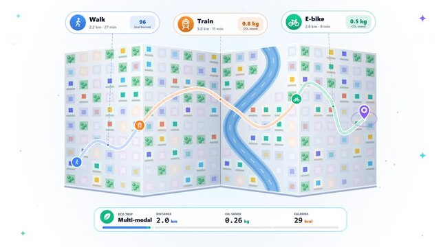 Isometric map route animation with multiple transportation modes