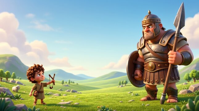 Brave Young Boy David Facing Giant Warrior Goliath with Spear and Shield 3D Render