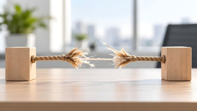 Frayed rope snapping under tension between wooden blocks symbolizing breaking point stress and corporate pressure