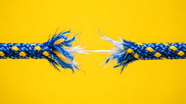 Frayed rope breaking under heavy tension against yellow background symbolizing stress weakness and breaking point concept
