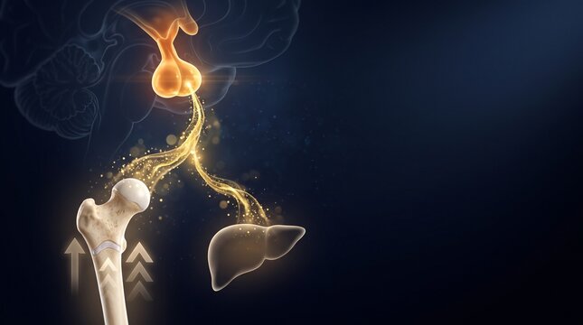 Pituitary gland releasing growth hormones stimulating bone development and liver function shown with glowing golden particles on a dark blue background for medical education and scientific research vi