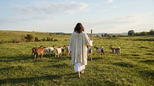 Back View of Ancient Shepherd in White Robe Walking with Wooden Staff Herding Goats