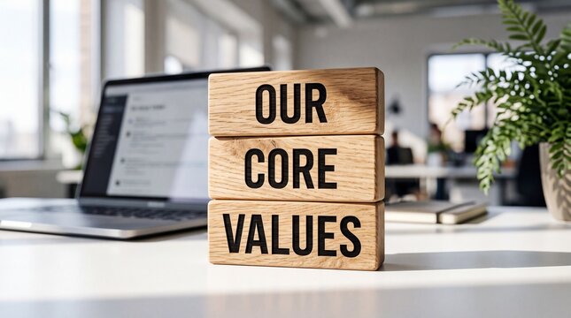 Wooden blocks with text displayed on a clean office desk