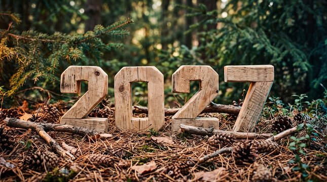 Wooden numbers for the year twenty twenty seven resting on the forest floor