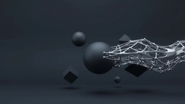 An abstract metallic mesh structure morphing and deforming fluidly past dark geometric shapes, symbolized strategic business agility, adaptive management, operational flexibility, corporate resilience