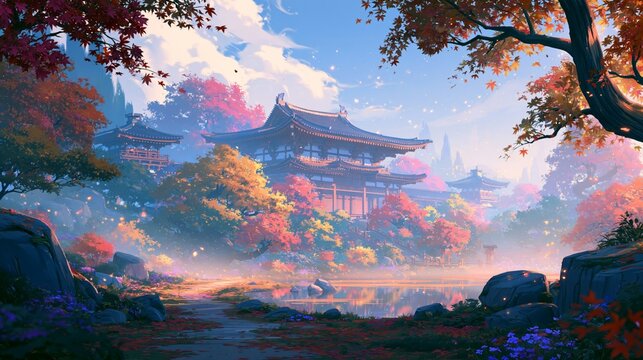 a traditional Japanese temple nestled amidst a serene forest during autumn. The temple is a multitiered structure with ornate detailing, surrounded by vibrant trees displaying red, orange.