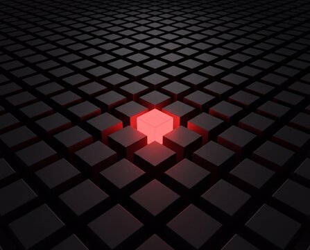 A single glowing red cube stands out amidst a grid of dark geometric blocks