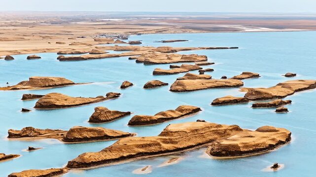 High angle view shows unique water yardang landforms scattered in bright blue lake at Wusute Yadan Geological Park in Qinghai, China.