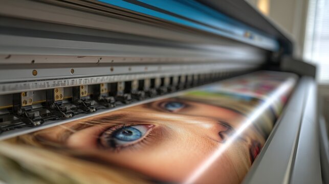 Medium shot of large format instant photo printing in progress emphasizing detailed images being created on oversized sheets for wall displays.