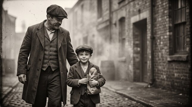 Historical Vintage Father and Young Son Walking in Foggy Old Town Street with Bread