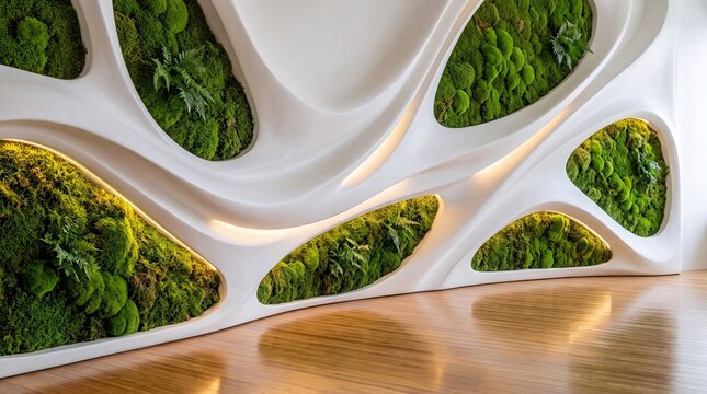 Modern Biophilic Interior with Curved Moss Green Living Wall