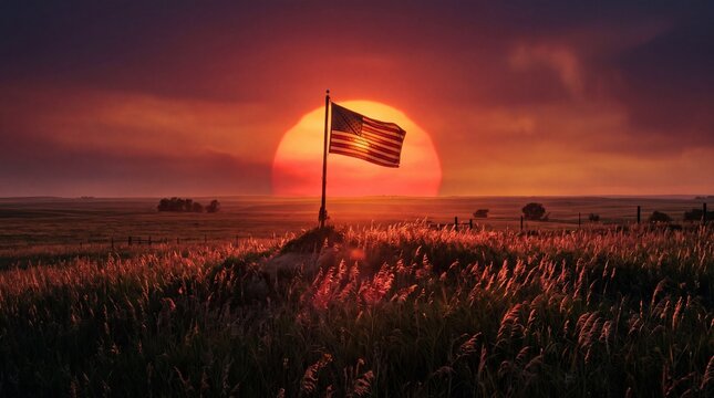 American Flag Waving in Rural Landscape at Sunset