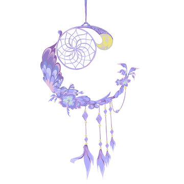 Purple moon dreamcatcher teather flower boho isolated illustration