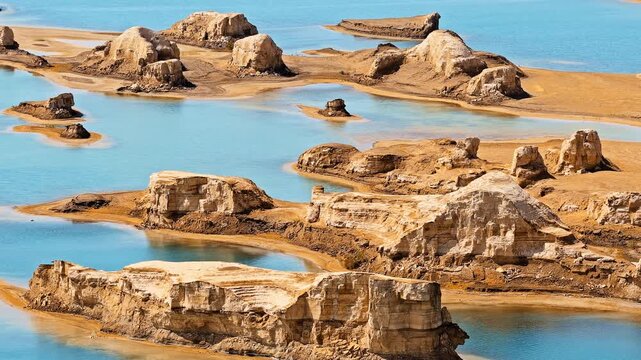 High angle view reveals unique yardang landforms surrounding turquoise waters at Wusute Yadan Geological Park in Qinghai, China.