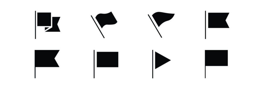 Black flag symbols collection on white background. Flag marker vector icon set featuring pennant, wavy, and rectangular flags in filled black silhouettes.