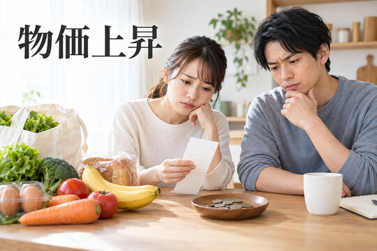 食料品と白い紙を見つめる男女と物価上昇