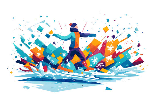 Stylized vector illustration of a winter sports athlete skiing through a dynamic explosion of colorful geometric shapes and snow