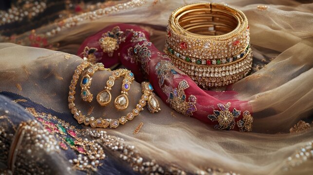 Gold jewelry and bangles on fabric