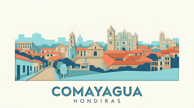 Stylized digital illustration capturing the historic architecture of Comayagua Honduras with vibrant colors and detailed