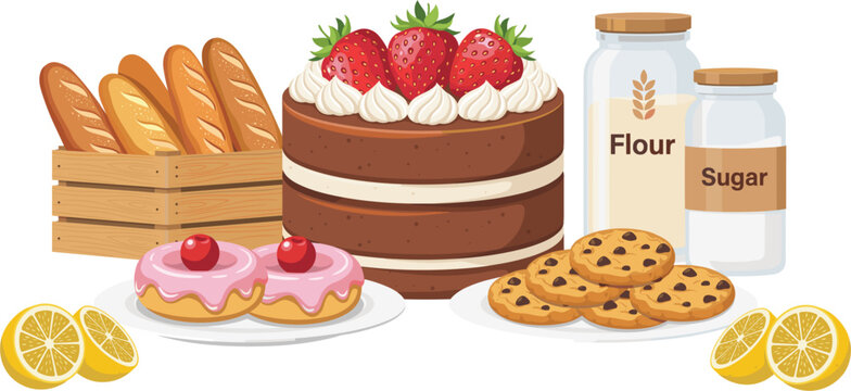 Delicious vector bakery composition with layer cake, baguettes, donuts, cookies, flour, and sugar jars  