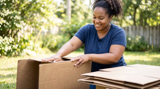 Smiling woman packing cardboard boxes in a sunny backyard for moving or storage