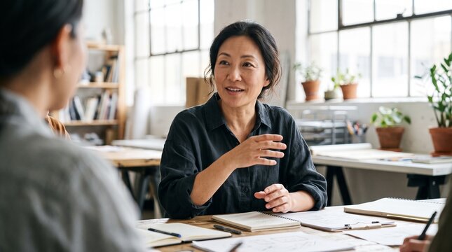 Asian woman in dark shirt talking animatedly during a business meeting with colleagues in a bright office
