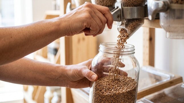 Person scooping wheat grains from a dispenser into a glass jar for bulk shopping