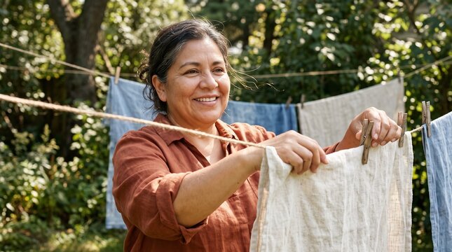 Smiling woman hanging laundry on a clothesline outdoors on a sunny day with trees in the background