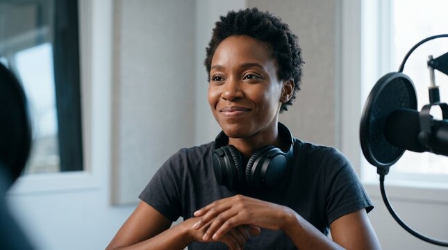 Young Black Woman Smiling Wearing Headphones in Recording Studio with Microphone