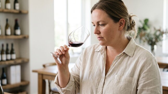 Woman thoughtfully smelling red wine in a glass in a wine cellar with bottles on shelves