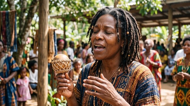 African Woman Singing and Playing Maraca in a Village Gathering with Traditional Clothing