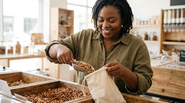 Smiling woman scoops almonds and walnuts into a reusable cloth bag at a bulk food store
