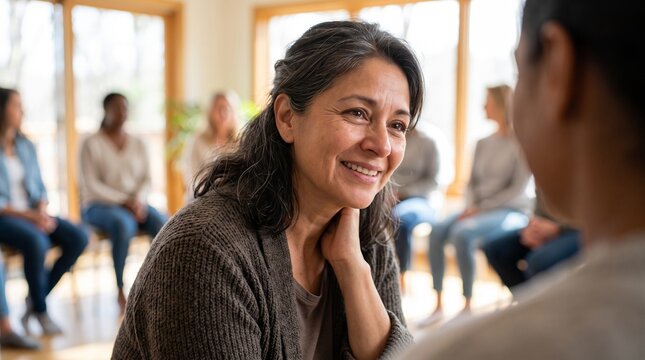 Diverse group of people in a support group session, focusing on a smiling middle-aged woman sharing her experience