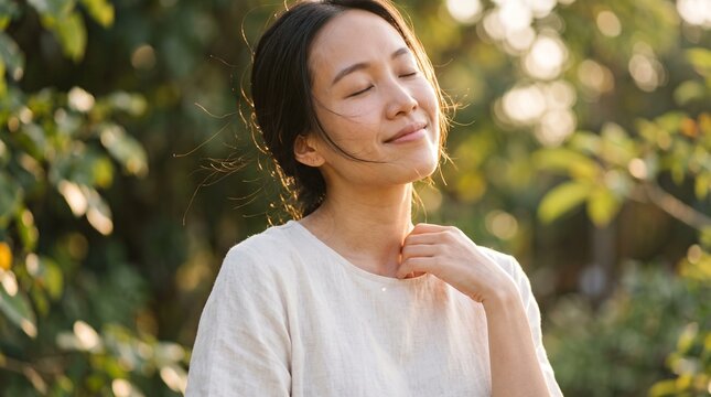 Young Asian woman enjoying sunlight and nature with eyes closed and a peaceful smile