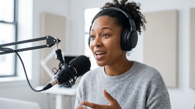 Young Black Woman Wearing Headphones Speaking Into Microphone Recording Podcast In Studio
