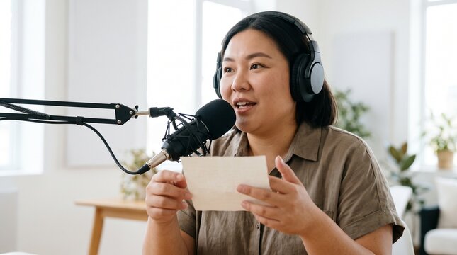 Asian Woman Wearing Headphones Speaking Into Microphone Holding Paper Script in Home Studio