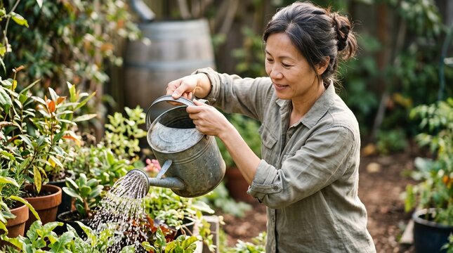 Asian woman happily watering plants in her garden with a vintage metal watering can