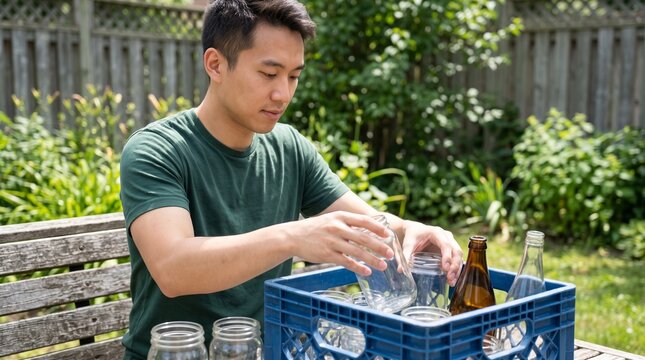 Young Asian man sorting glass bottles and jars for recycling in a backyard setting