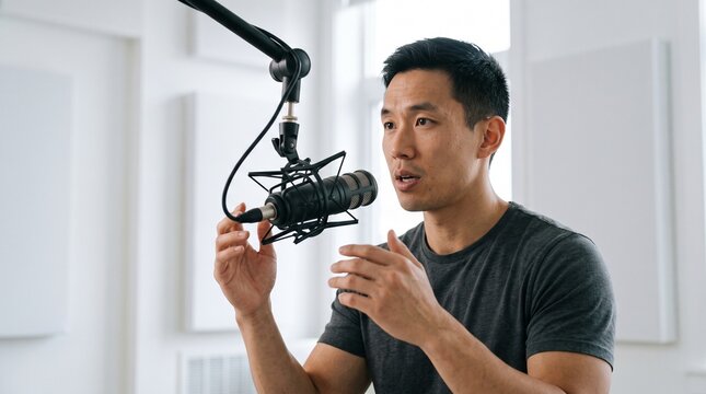 Asian man speaking into a professional podcast microphone in a modern studio setting