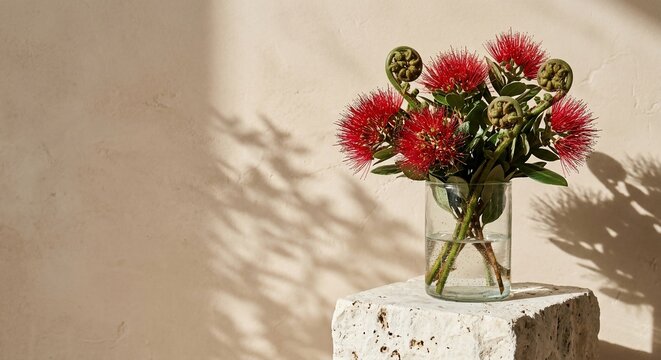 Red flowers and green fern fiddleheads in glass vase on stone block against neutral wall