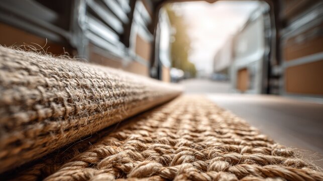Detailed frame of compostable fiber cushioning around delivered furniture precise focus on material weave with a blurred delivery van interior in the background.