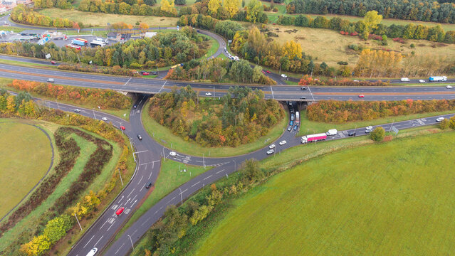 High-angle view of the Old Craighall interchange and highway in Edinburgh, Scotland.