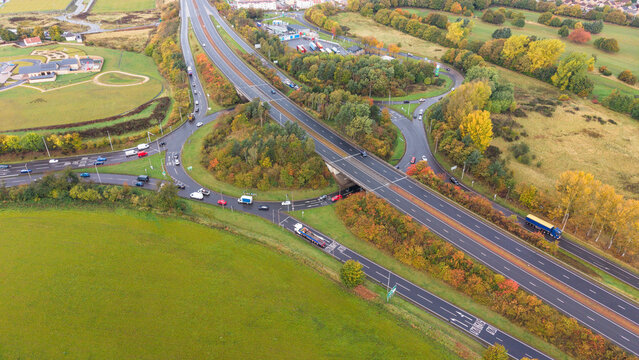 Aerial view of Old Craighall roundabout and motorway junction in Edinburgh, Scotland.
