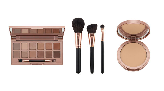 Professional makeup palette collection with assorted cosmetic brushes and powder compact on transparent background