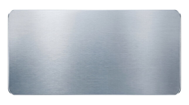 Brushed stainless steel metal plate with rounded corners and realistic texture on transparent background