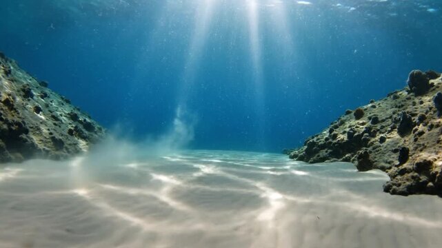 Sun rays piercing through blue ocean water creating beautiful caustic patterns on sandy seabed between rocky reefs